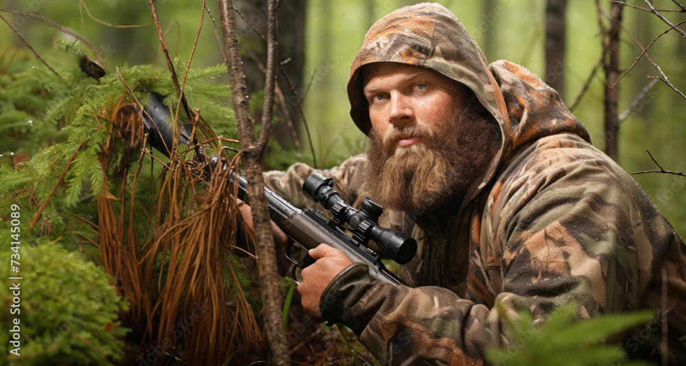 Hunter with a long beard and mustache in a camouflage jacket with a gun in the forest