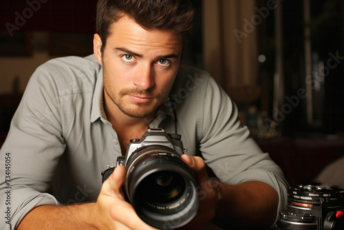 Handsome young man taking photo with digital camera in home interior