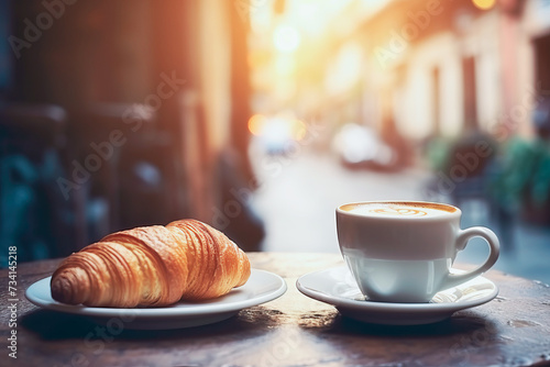 A cup of coffee and a croissant placed on a table, ready to be enjoyed