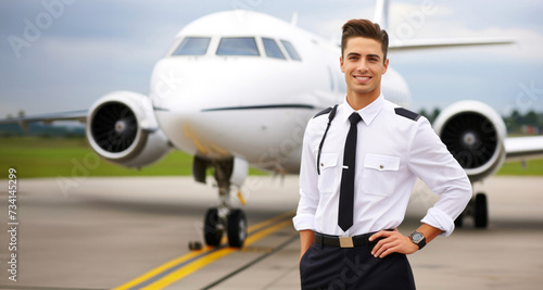 Portrait of a handsome young businessman standing in front of an airplane