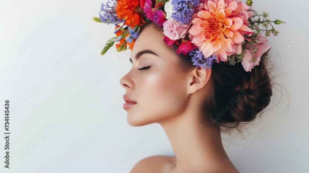 photo side view of graceful young female and colorful flowers on head against white background background