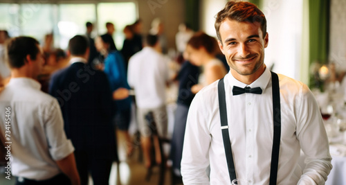 Portrait of a handsome young man at a wedding party in a restaurant