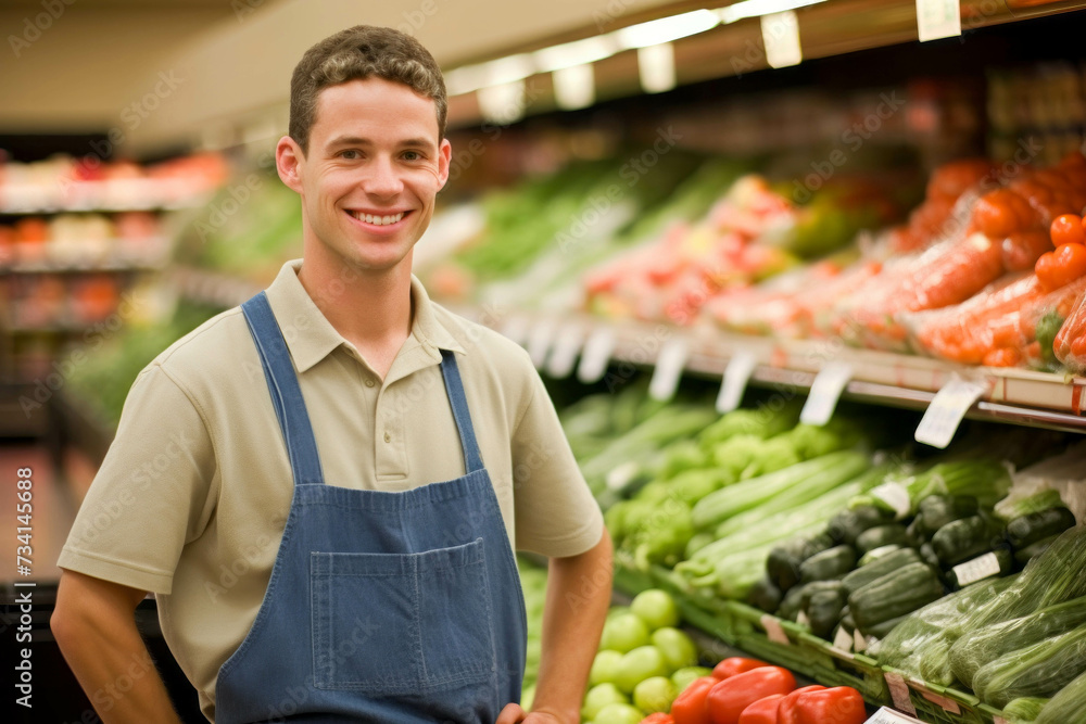 Portrait of a smiling male worker standing in front of a shelf in a supermarket