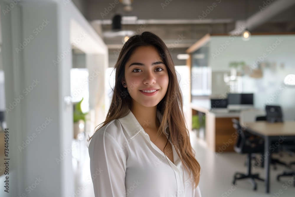Young Latina Professional in Modern Workspace Young Latina Professional in Modern Workspace