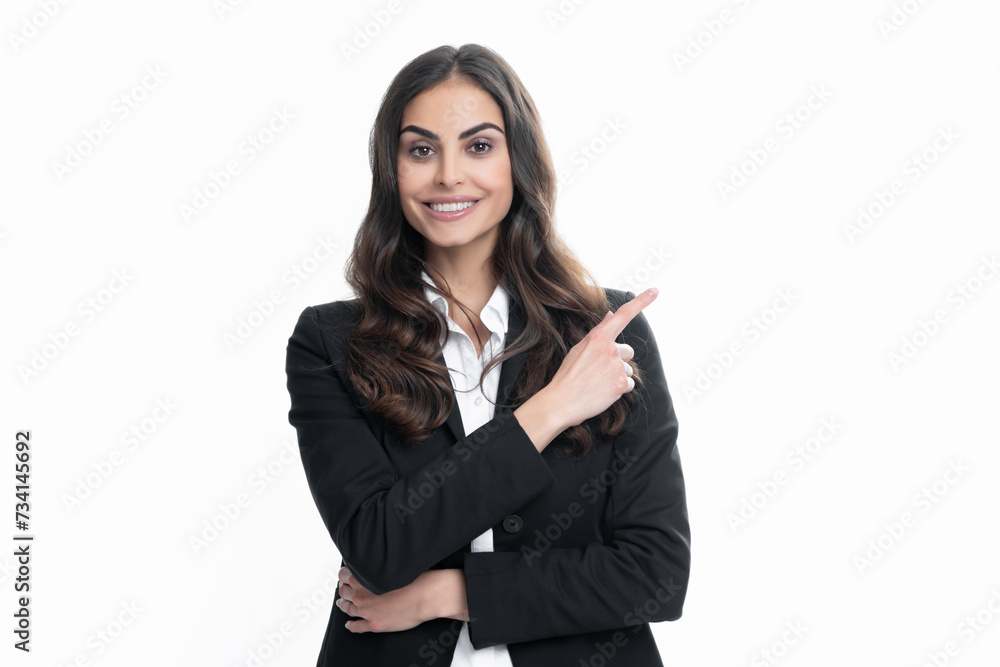 Woman point at copy space, showing copyspace pointing. Promo, girl showing advertisement content gesture, pointing with hand recommend product. Female business model face. Woman point at copy space, showing copyspace pointing. Promo, girl showing advertisement content gesture, pointing with hand recommend product. Female business model face.