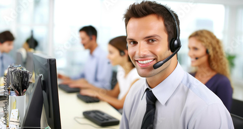 Portrait of a happy customer service representative in a call center office