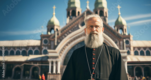 Senior catholic priest standing in front of St. Stephen's Basilica in Budapest, Hungary photo