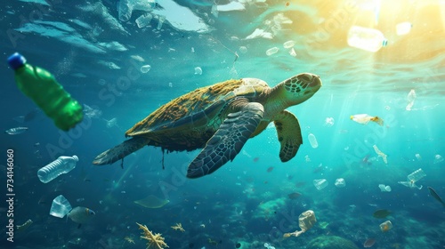 Turtle swimming among trash underwater, plastic waste in sea water,