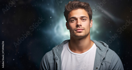 Portrait of a handsome young man in casual clothes over dark background.