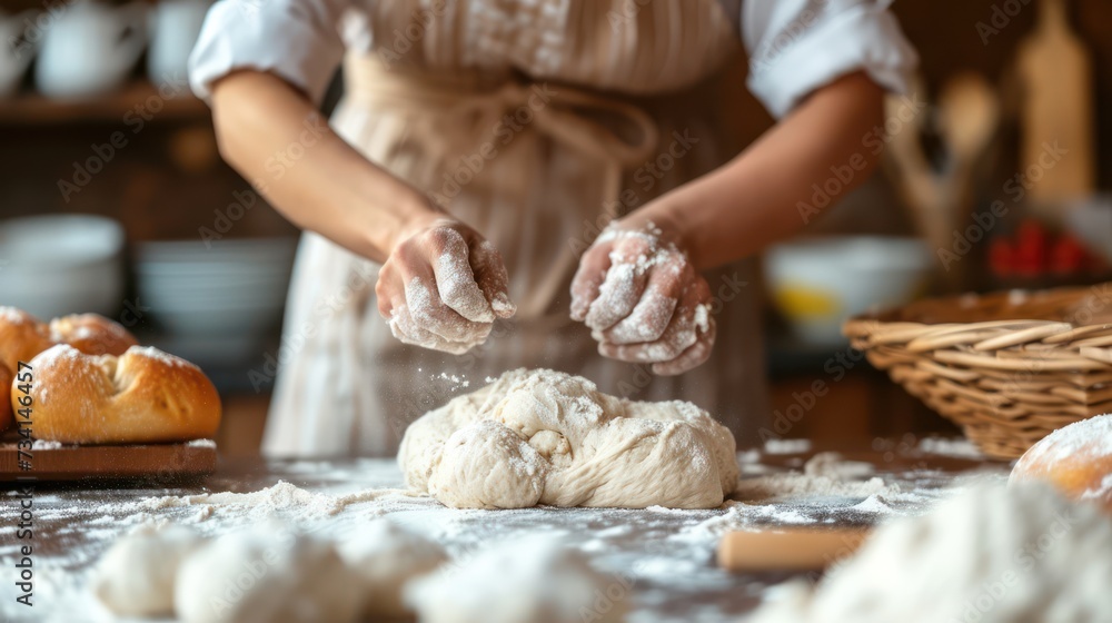 Woman is in the kitchen making pizza dough or bread dough.