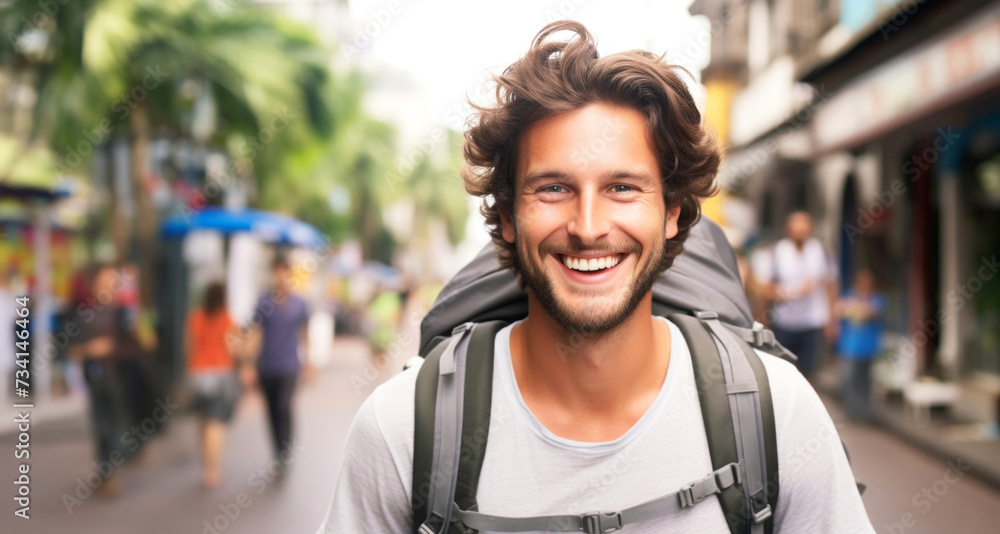 Fototapeta premium Handsome young man with backpack walking in the city and smiling
