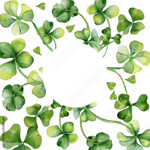 Circle frame with shamrock and clover watercolor illustration isolated on white background. Painted green four leaves. Hand drawn Celtic symbol. Design element for St.Patricks day postcard, package photo