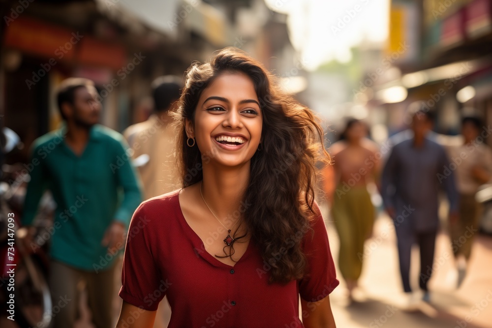 Indian woman smiling happy face portrait on city street Indian woman smiling happy face portrait on city street