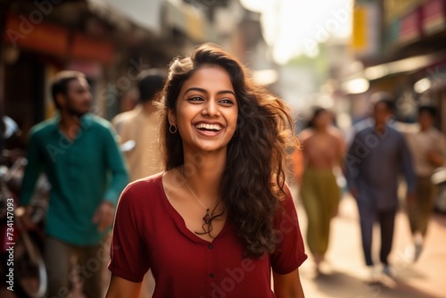 Indian woman smiling happy face portrait on city street © blvdone