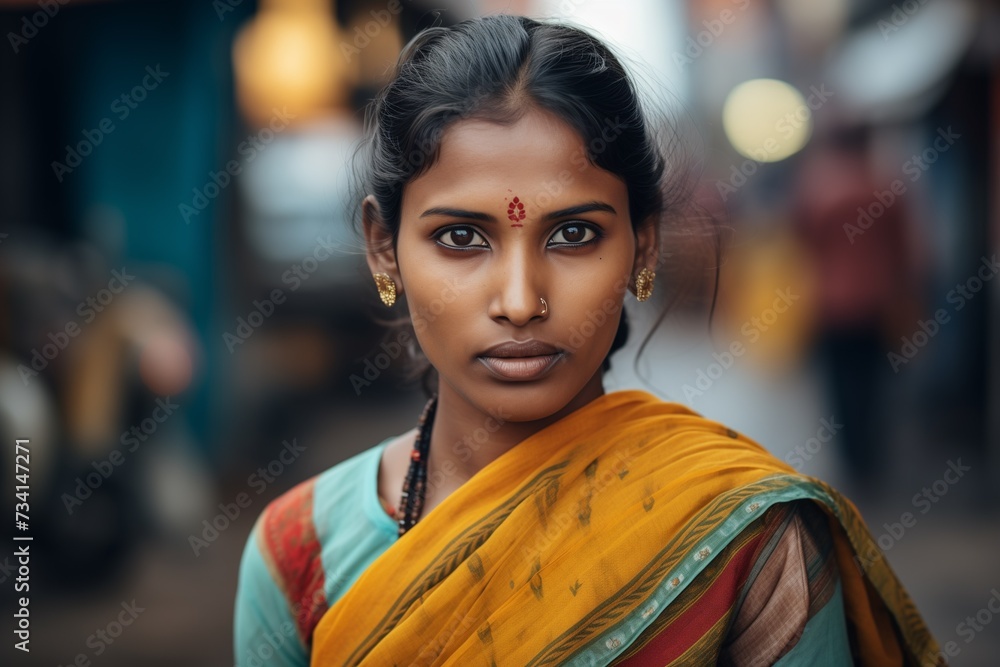 Fototapeta premium Indian woman serious face portrait on city street