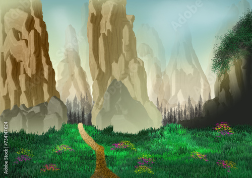 Color landscape illustration, fantasy world