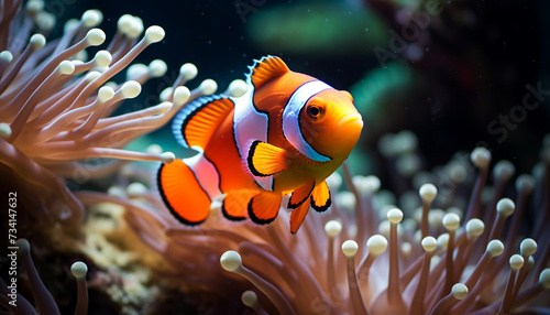 Vibrant clown fish swimming in colorful coral reef underwater generated by AI