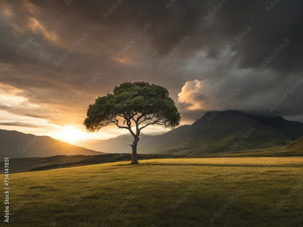 Fototapeta premium tree on the hill with sunset