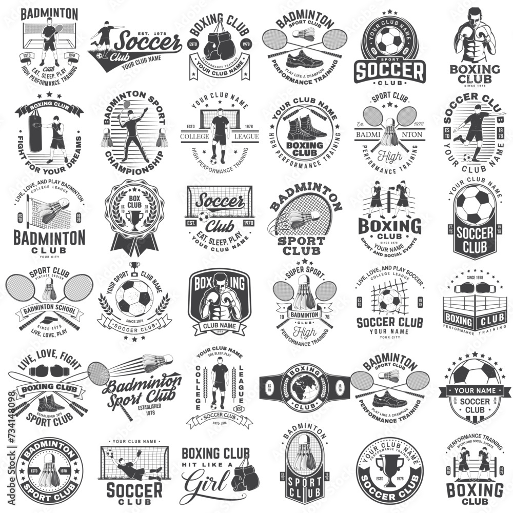 Set of badminton, boxing and soccer sport club badge design. Vector. Vintage monochrome label, sticker, patch with badminton, boxing, soccer and football player silhouettes Set of badminton, boxing and soccer sport club badge design. Vector. Vintage monochrome label, sticker, patch with badminton, boxing, soccer and football player silhouettes