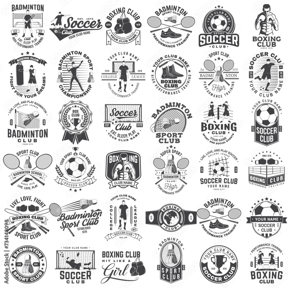 Set of badminton, boxing and soccer sport club badge design. Vector. Vintage monochrome label, sticker, patch with badminton, boxing, soccer and football player silhouettes