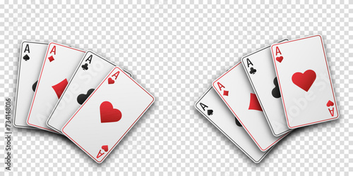 Fan of hand playing cards. Aces with the suit of hearts, clubs, diamonds and spades. Vetor illustration. Poker or casino concept. Transparent background.
