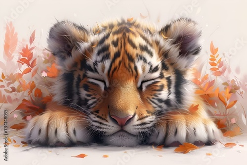 Playful Elegance. A Minimalistic Illustration of a Cute Tiger on a Pink Background with Pastel Hues