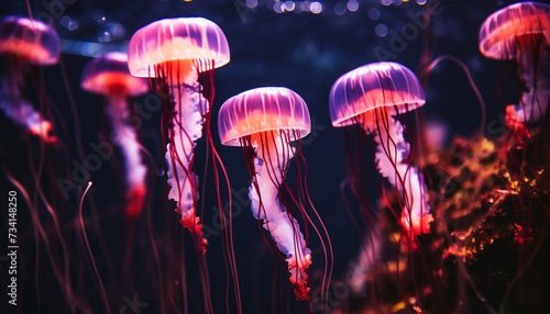 Glowing blue tentacles swim in dark underwater beauty generated by AI