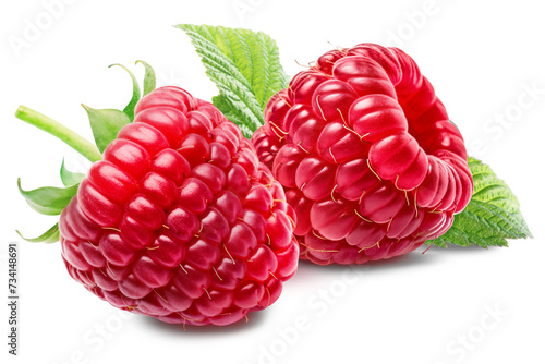 Two tasty raspberries with a leaf isolated on a white background.