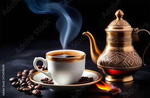 Turkish still life coffee pot and decorated coffee cup steam from a cup, on a dark wooden table