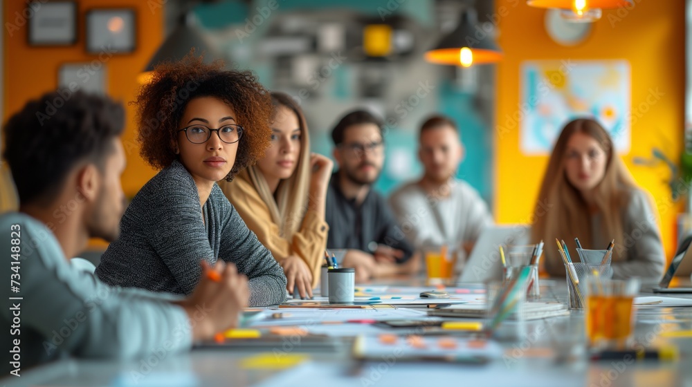 businesswoman in the foreground, with her coworkers meeting in a blurred background