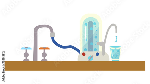 The water filter is connected to the tap. Cleaning of tap water with a table filter. Illustration of water purification at home, hand-drawn. Home infographics Object is isolated on a white background.