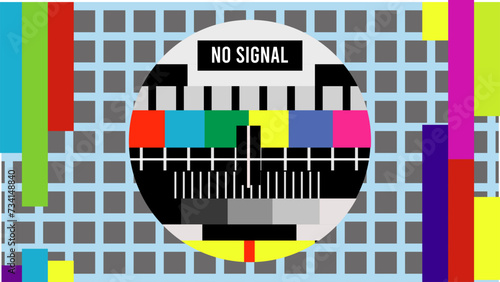 The TV screen has no signal, Technical difficulties, A screenshot of the screen with the inscription "no signal" the illustration is a template in a flat style.