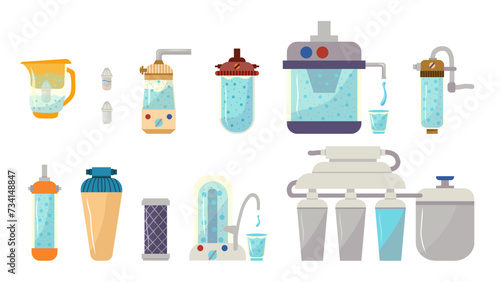Set of Water filters. Countertop, under sink, pitcher container, whole house, reverse osmosis water filters, Mineral filtration or purification systems collection,hand-drawn in a flat style.