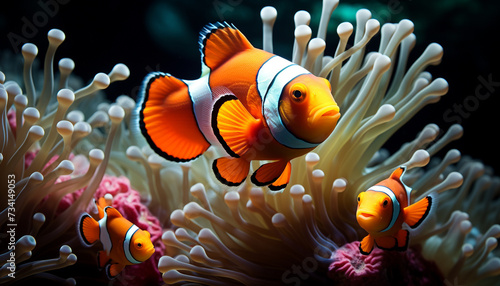 Clown fish swimming in vibrant reef, showcasing nature beauty generated by AI