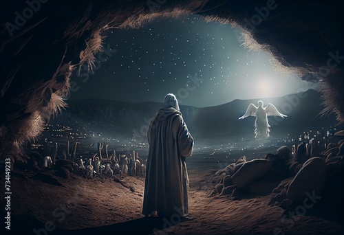 An angel visits shepherds near Bethlehem announcing that Jesus Christ, our Savior is born. The heavens announce peace on earth and goodwill to men. Known as the annunciation to the. Generative AI photo