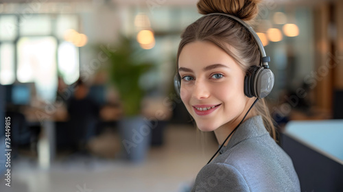 Young woman is wearing a headset, working as a customer service representative in a call center environment.