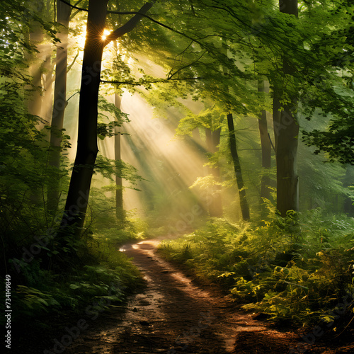 Enchanting Sunlit Forest Pathway - A Haven of Tranquillity and Natural Splendor © Logan