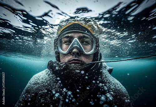 Free diver in cold water quebec. Generative AI