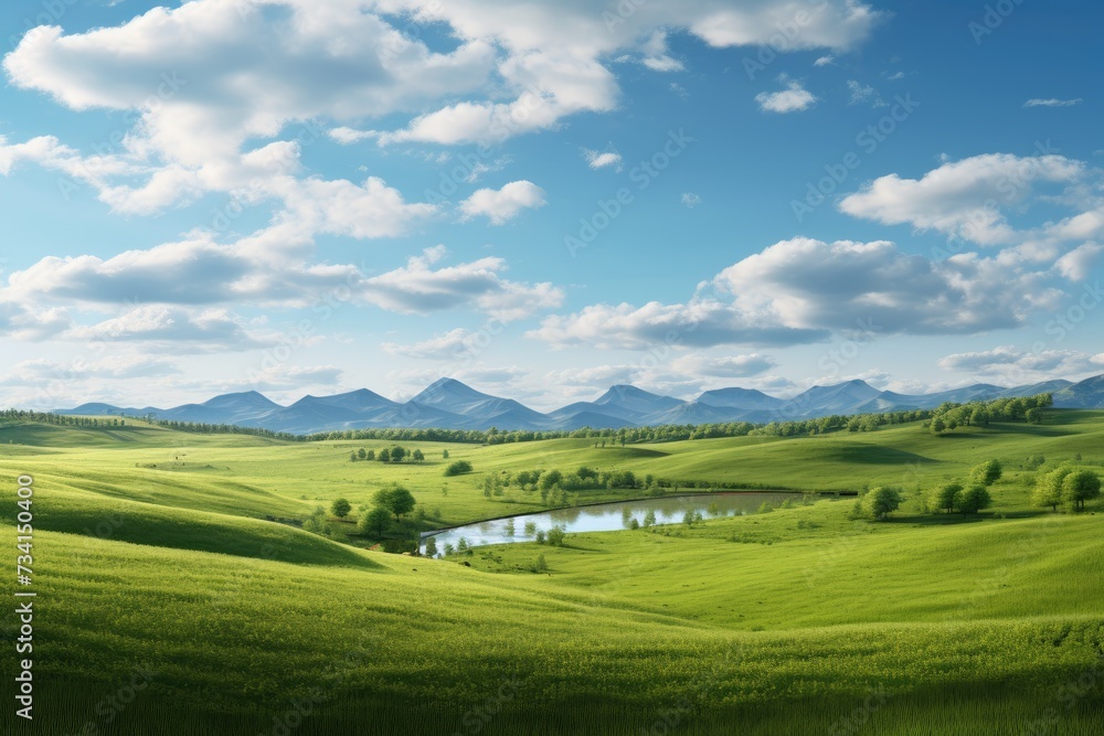 Fototapeta premium Natural scenic panorama Greenfield, Panoramic view of green meadow and blue sky with clouds, Ai generated
