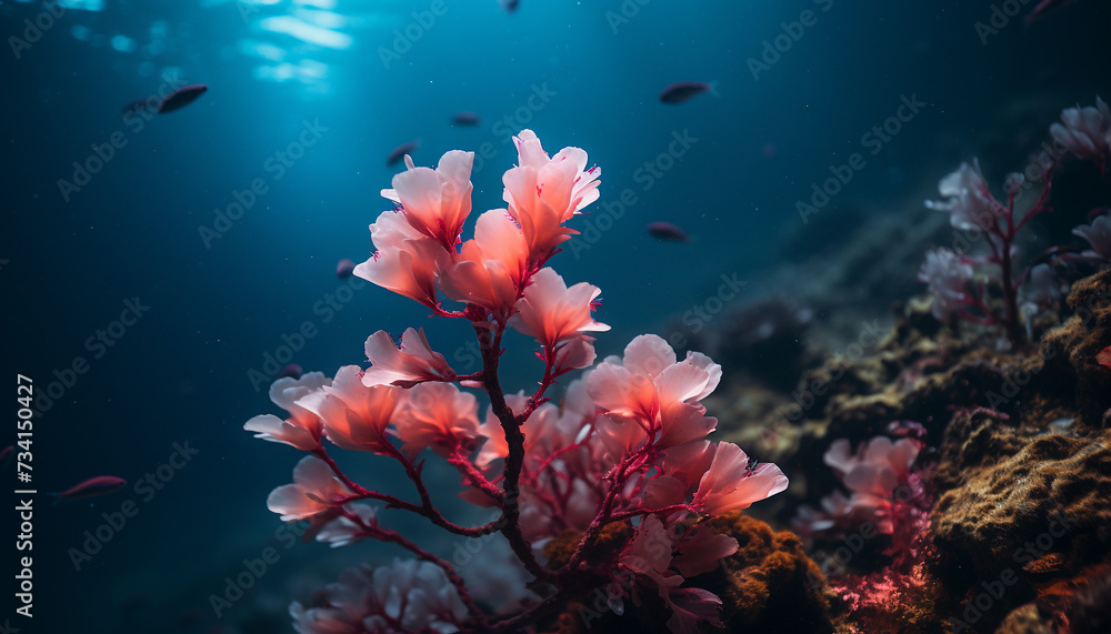 Underwater beauty fish swim in vibrant, multi colored coral reef generated by AI