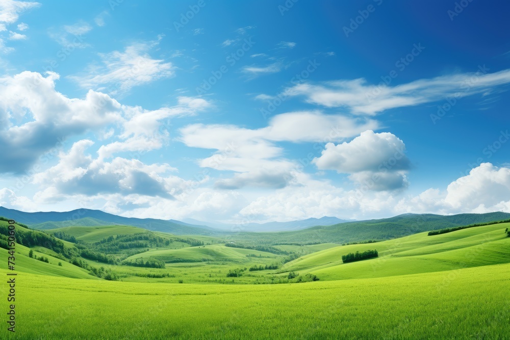 Natural scenic panorama Greenfield, Panoramic view of green meadow and blue sky with clouds, Ai generated Natural scenic panorama Greenfield, Panoramic view of green meadow and blue sky with clouds, Ai generated