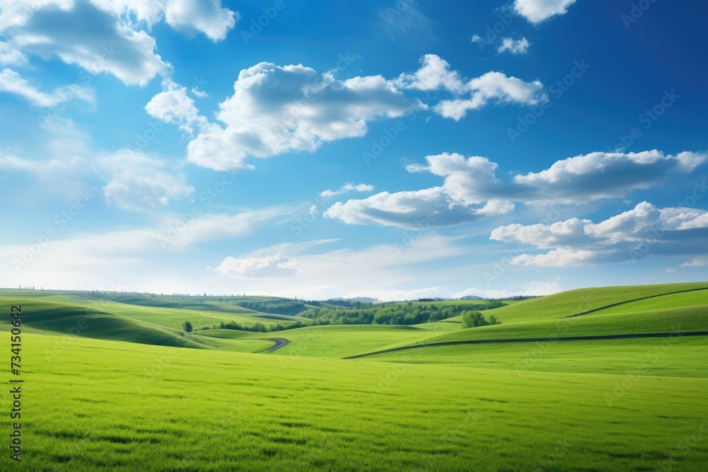 Natural scenic panorama Greenfield, Panoramic view of green meadow and blue sky with clouds, Ai generated