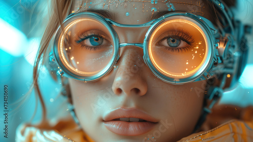 Young woman wearing large round glasses with neon lights inside