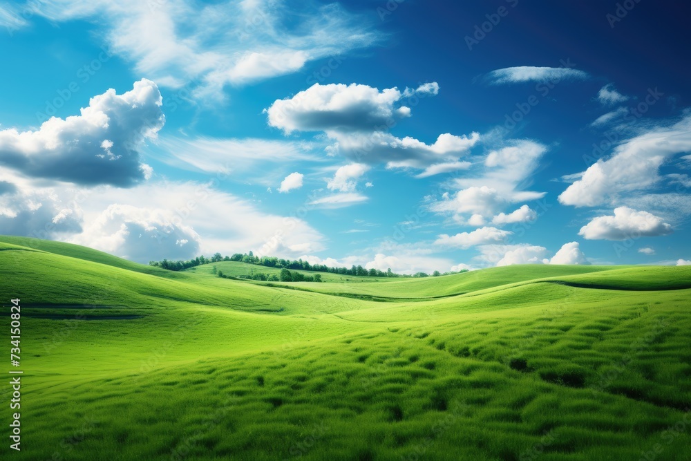 Natural scenic panorama Greenfield, Panoramic view of green meadow and blue sky with clouds, Ai generated Natural scenic panorama Greenfield, Panoramic view of green meadow and blue sky with clouds, Ai generated