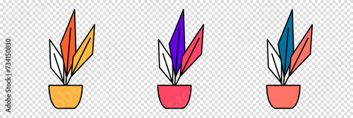 Set of flower in a pot in cartoon style. House plant in flat style. Vector outline icon plant on a transparent background.