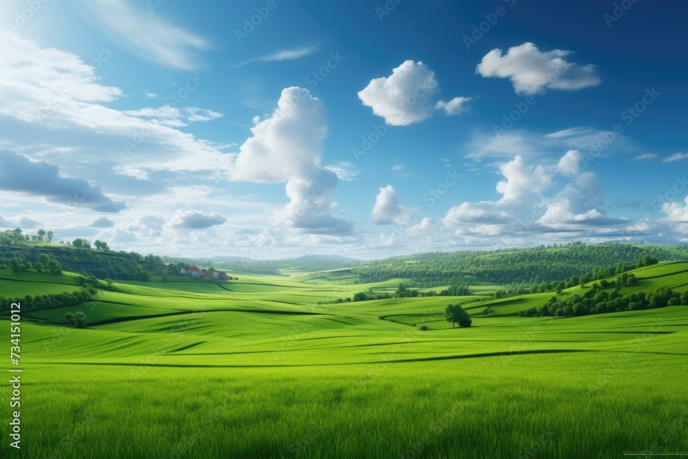 Natural scenic panorama Greenfield, Panoramic view of green meadow and blue sky with clouds, Ai generated