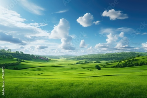 Natural scenic panorama Greenfield, Panoramic view of green meadow and blue sky with clouds, Ai generated