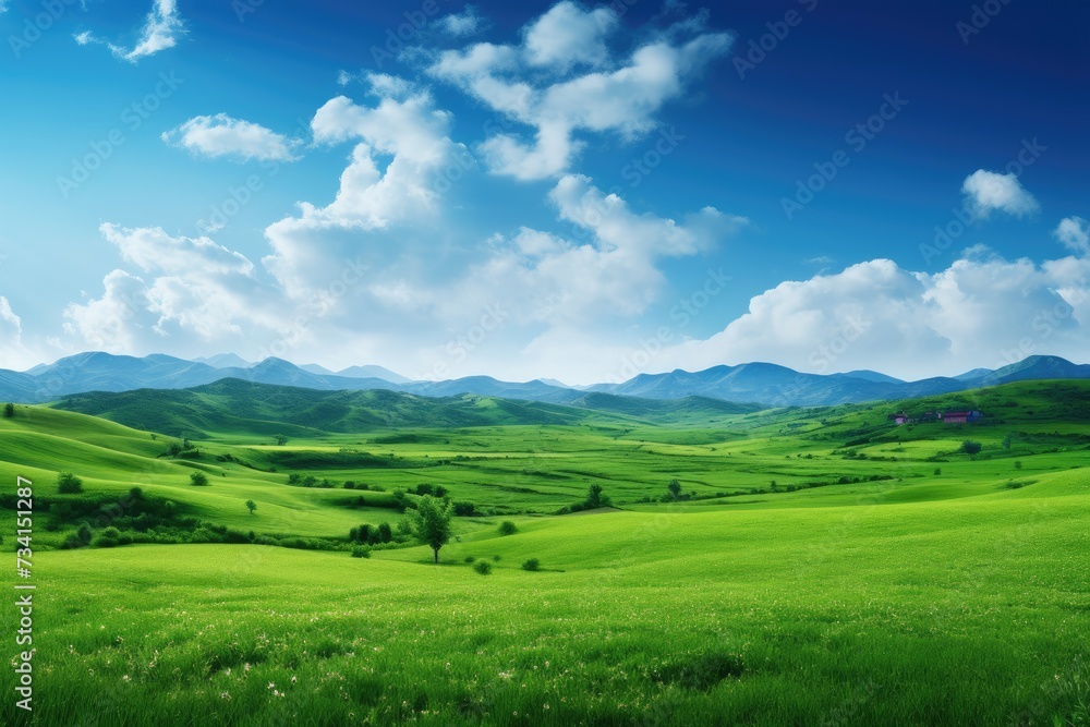 Fototapeta premium Natural scenic panorama Greenfield, Panoramic view of green meadow and blue sky with clouds, Ai generated