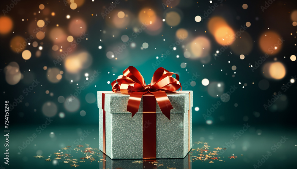 Glowing gift box illuminates celebration with shiny, abstract decoration generated by AI Glowing gift box illuminates celebration with shiny, abstract decoration generated by AI