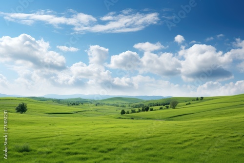 Natural scenic panorama Greenfield  Panoramic view of green meadow and blue sky with clouds  Ai generated